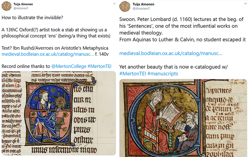 Theology and its handmaiden philosophy keep fascinating modern audiences. Two top project tweets that received lots of love over Twitter. Merton College MS. 269, and Merton College MS. 111.