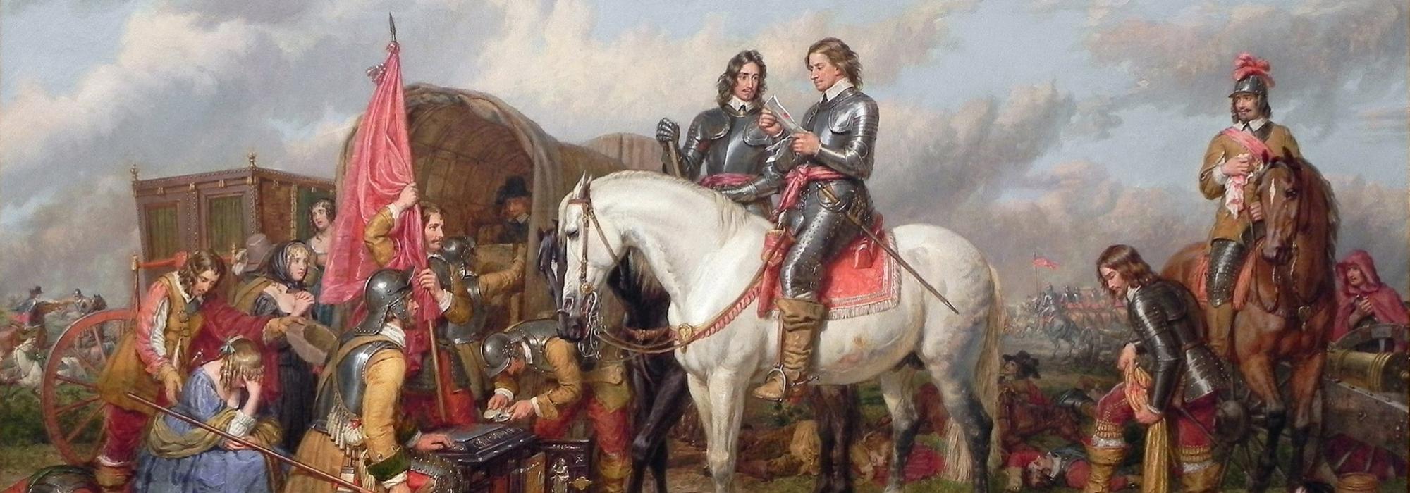 From the collection of the Alte Nationalgalerie, Berlin, used under CC BY-NC-SA license "Cromwell at the Battle of Naseby in 1645" by Charles Landseer