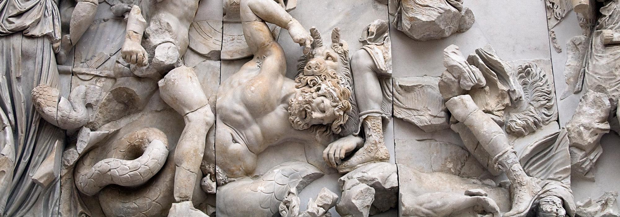 Detail of the Gigantomachy, Great Altar of Zeus, Pergamon, 2nd century BC, from an original photo by Ealdgyth, used under CC-BY-SA 3.0 license Detail of the Gigantomachy, Great Altar of Zeus, Pergamon, 2nd century BC, from an original photo by Ealdgyth, used under CC-BY-SA 3.0 license