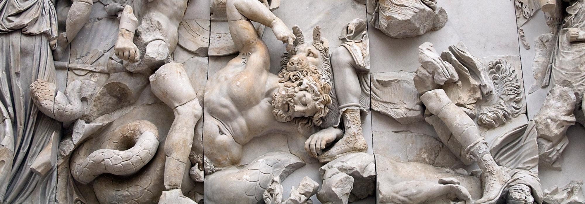 Detail of the Gigantomachy, Great Altar of Zeus, Pergamon, 2nd century BC, from an original photo by Ealdgyth, used under CC-BY-SA 3.0 license