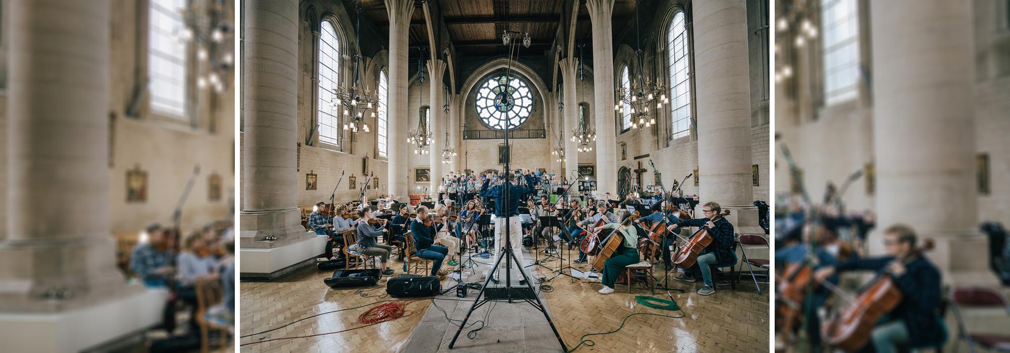 The Choir of Merton College, Oxford and orchestra in rehearsal, 2022