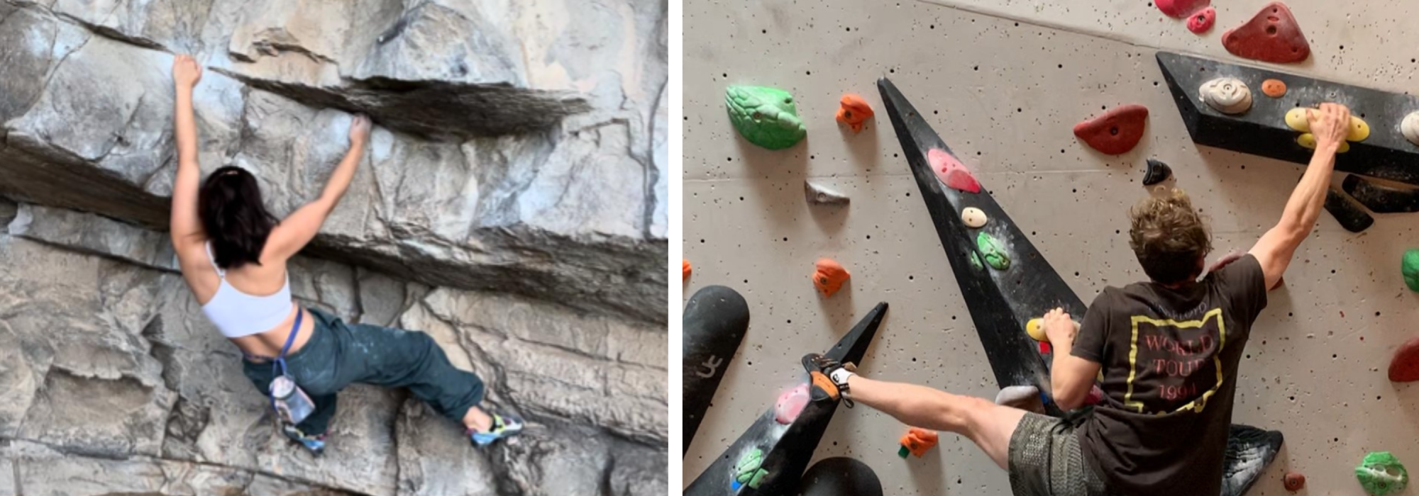 Climbing 2024/25 A female climber on an outdoor climb and a male climber on a bouldering wall