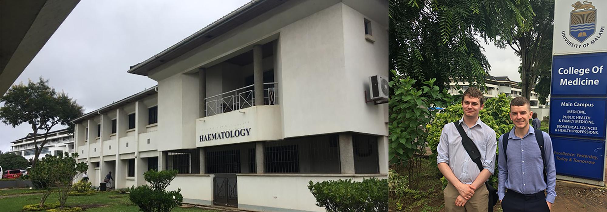 Left: The Haematology Department (which appears on the 100 kwacha bank note) at the College of Medicine, Blantyre, Malawi; Right: Thomas Whitehead and Jonathan Mandolo