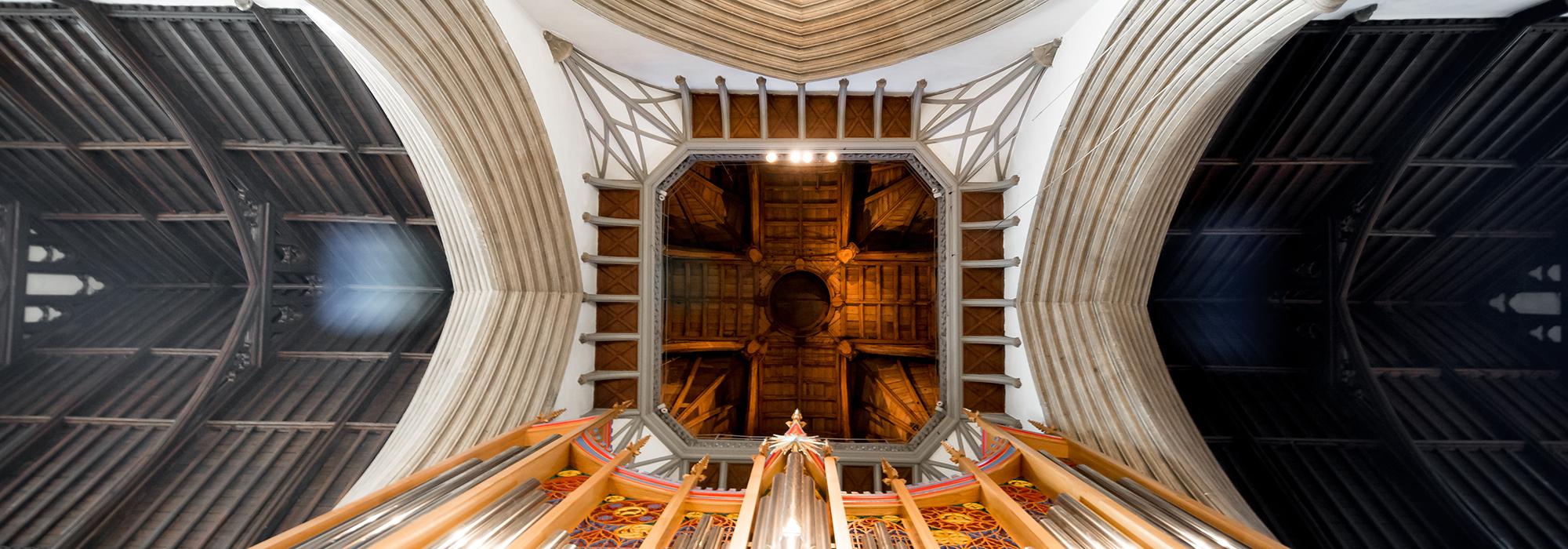 A view of the Merton College Chapel tower interior, from the floor of the Antechapel
