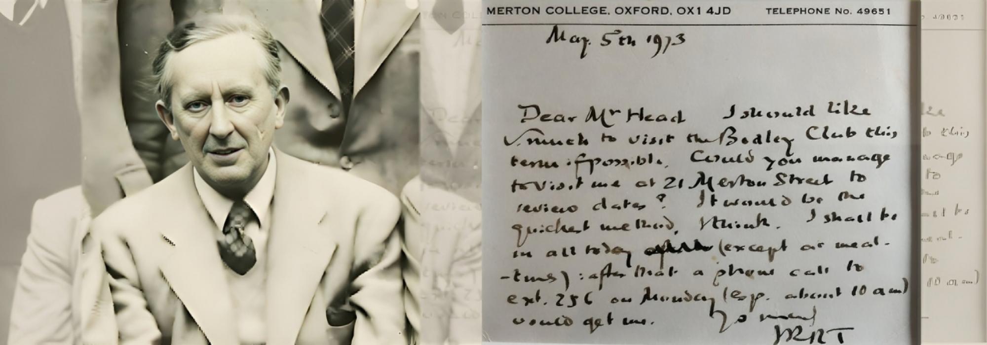 Tolkien in College photo & his handwritten note (© The Tolkien Estate Limited 2023) Tolkien in College photo & his handwritten note (© The Tolkien Estate Limited 2023)