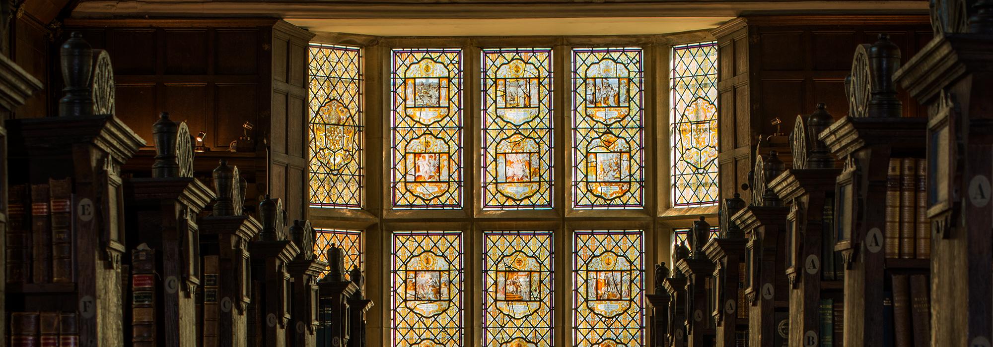 Part of the oriel window in the south wing of the Upper Library - Photo: © The Warden and Fellows of Merton College, Oxford; photography by Colin Dunn (Scriptura Ltd) Part of the oriel window in the south wing of the Upper Library - Photo: © The Warden and Fellows of Merton College, Oxford; photography by Colin Dunn (Scriptura Ltd)