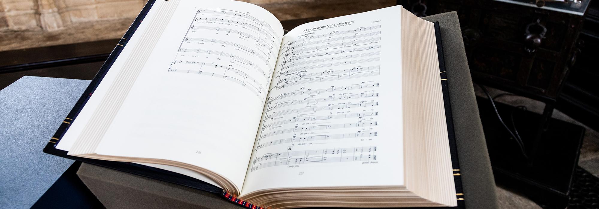A copy of the Merton Choirbook on display at an event for benefactors, June 2018 - Photo: © Keith Barnes - www.photographersworkshop.co.uk