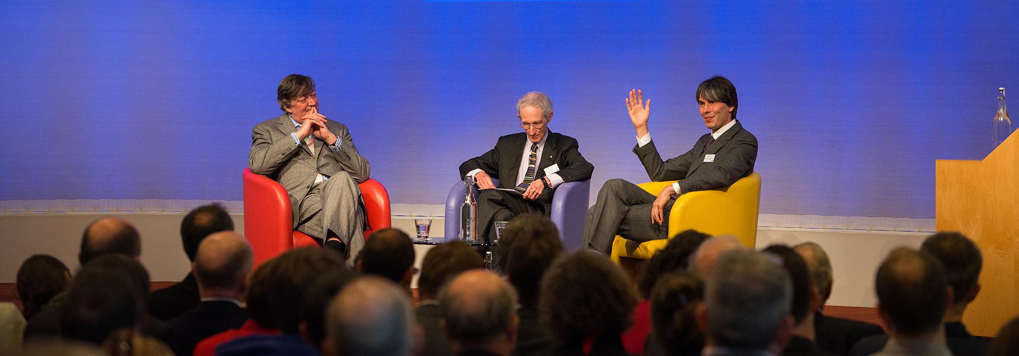 Stephen Fry, Robert May and Brian Cox in conversation at the Royal Society - Photo: © John Cairns - www.johncairns.co.uk Stephen Fry, Robert May and Brian Cox in conversation at the Royal Society - Photo: © John Cairns - www.johncairns.co.uk