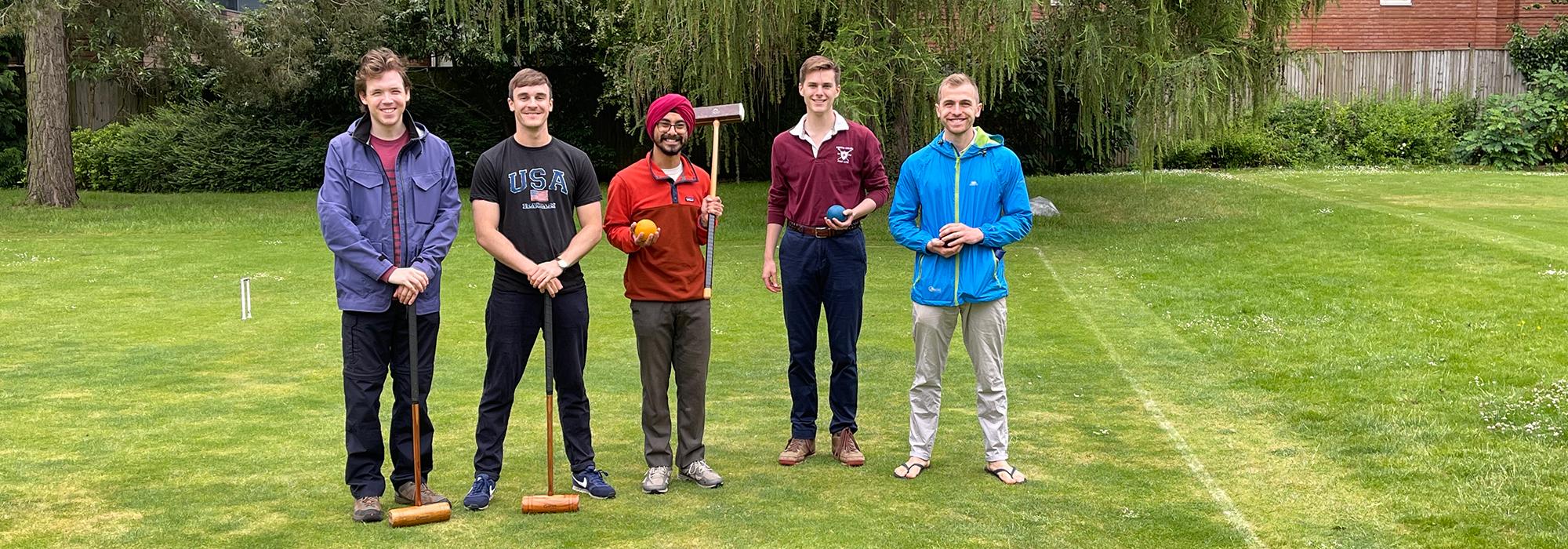 Henry Grub (2016), Elliott Thornley (2019), Kabir Bakshi (2020, with orb and sceptre), Charles Tolkien-Gillett (2019) and Matthew Lennon (2020) at the Cuppers semi-finals