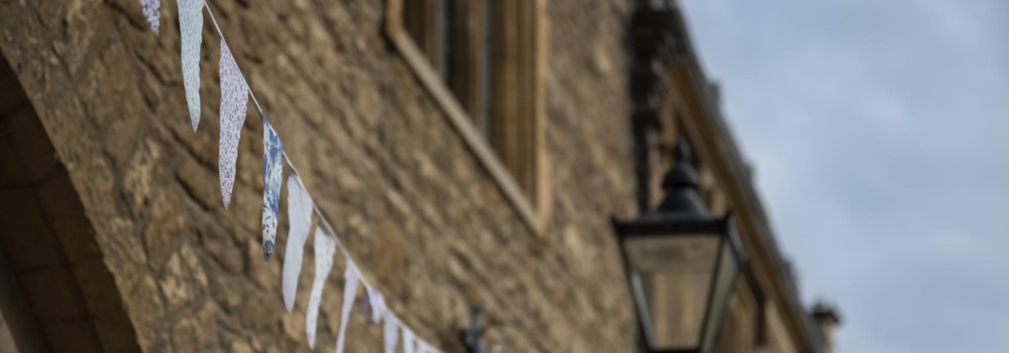 College building and bunting