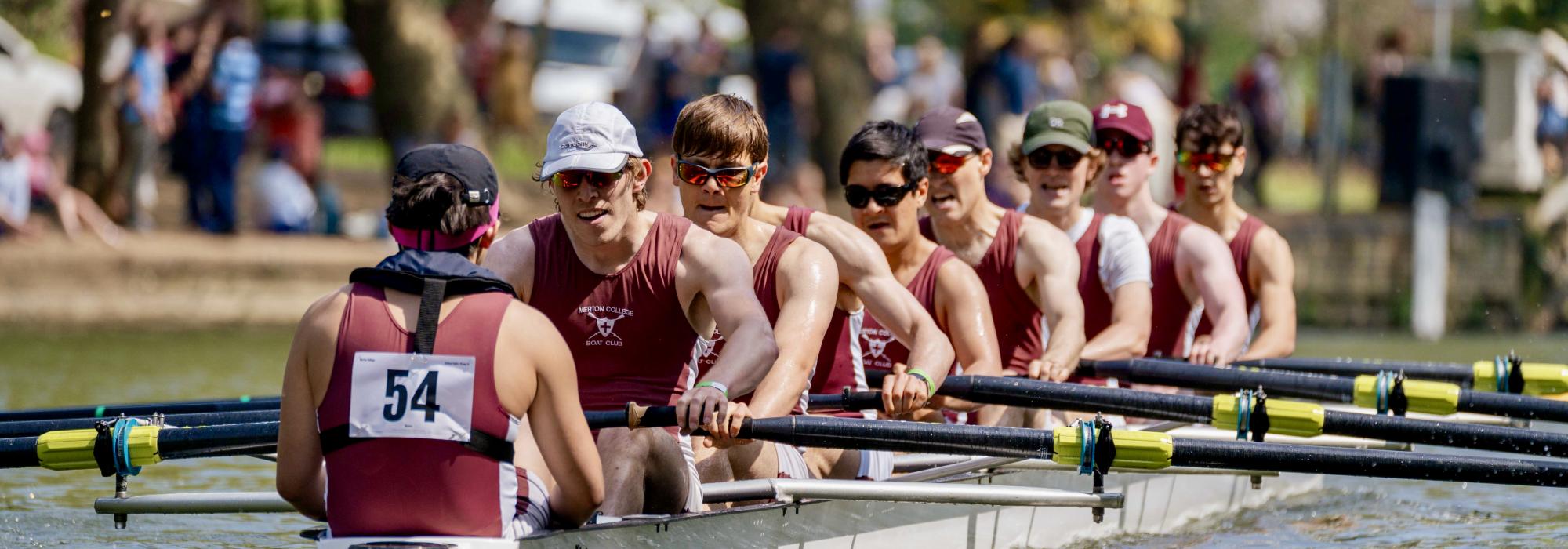 The men's squad at the Bedford Regatta Men's rowers in action during a race on the river