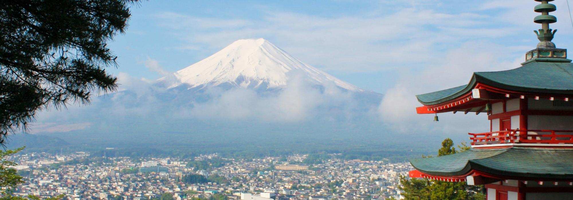 Mt Fuji Mount Fuji's peak as seen from a distance with a red and green pagoda and a tree in the foreground