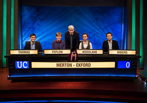 The 2017/18 Merton College University Challenge team with Jeremy Paxman