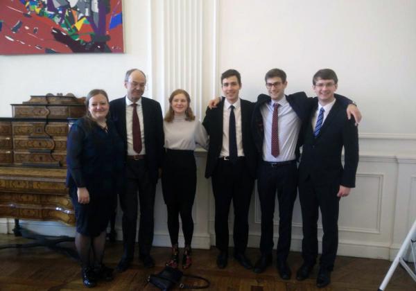 The 2018 Oxford Roman Law Moot team - (L-R) Alexandra Varga, Professor Wolfgang Ernst, Niamh Herrett, Tim Koch, Daniel Schwennicke, and Andrew Dixon