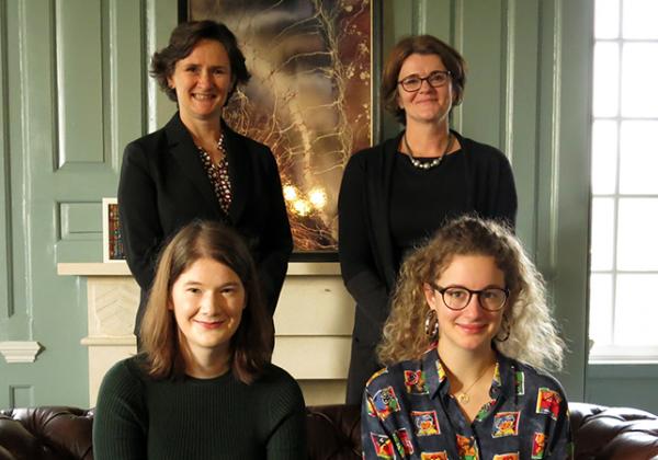 (Back row, L-R) Professor Irene Tracey, Warden; Professor Jenny Payne, Sub-Warden | (Front row, L-R)  India Morris, MCR President; and Lucy Buxton, JCR President