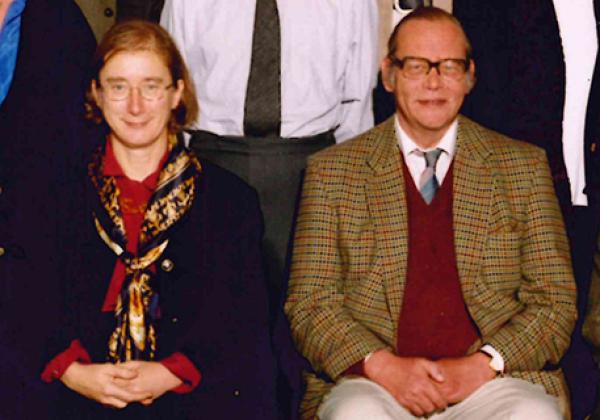 David Bostock (right) with the then Warden, Professor Jessica Rawson, in 1997