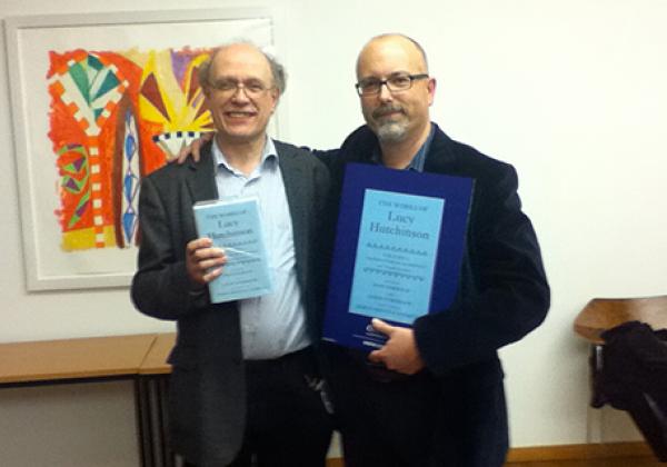 David Norbrook (L) and Reid Barbour at the launch of The Works of Lucy Hutchinson, volume 1: Translation of Lucretius - Photo: from http://lucyhutchinsonworks.wordpress.com/