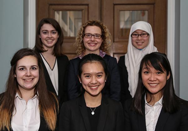 The 2015 Jessup competition Oxford team: back row (L-R) Laura King (Merton), Stefanie Wilkins (Team Coach), Sakinah Sat (St Catherine's); Front Row (L-R) Fibi Ward (Keble College), Tinny Chan (Merton), and Esther Wong (Oriel).