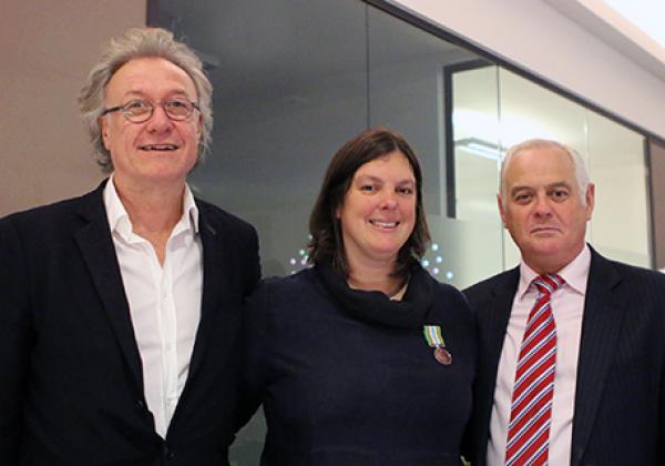 Professor Zitzmann, with the Warden, Sir Martin Taylor (R) and Sub-Warden, Professor Paterson (L) - Photo: courtesy The Department of Biochemistry, University of Oxford