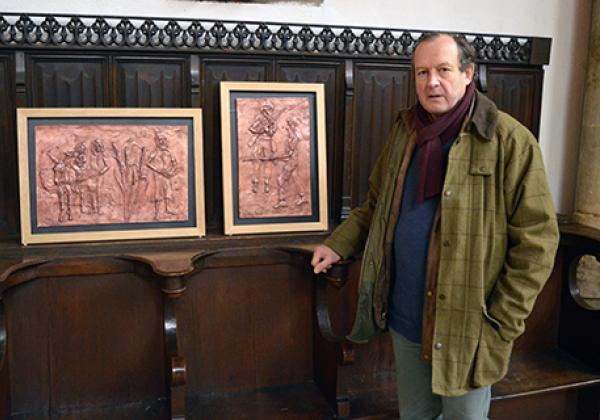 Toddy Hoare with his diptych, 'The Flight From Egypt'