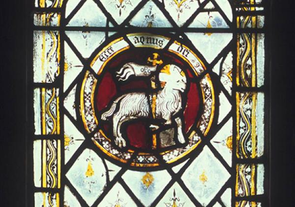 One of the stained glass windows in the Upper Library