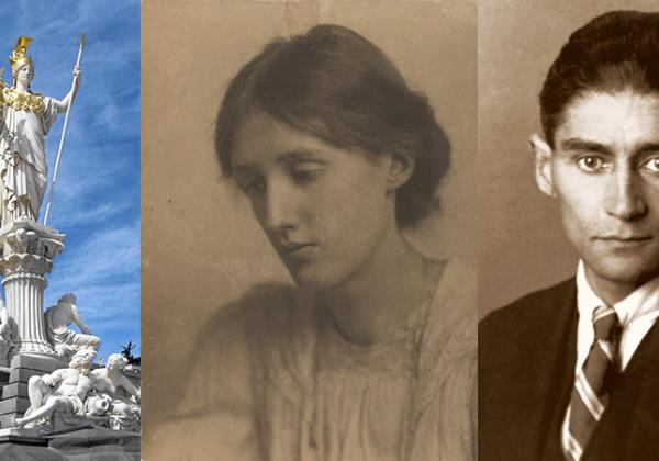 (L-R) Statue of Athena -  an international symbol of freedom and democracy - in front of the Austrian Parliament building; Virginia Woolf by George Charles Beresford, July 1902 © National Portrait Gallery, London ; Franz Kafka