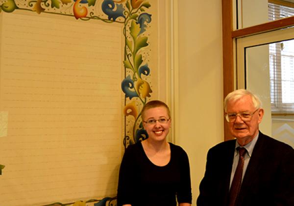 Alice Miller and David Harvey with the tapestry