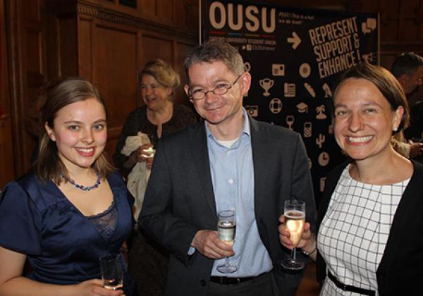 Professor Daniel Grimley at the 2016 Teaching Awards presentation, with Eden Bailey, incoming OUSU sabbatical officer for Outreach & Academic Affairs, and University College's Professor Tiffany Stern. © Oxford University Student Union 2016