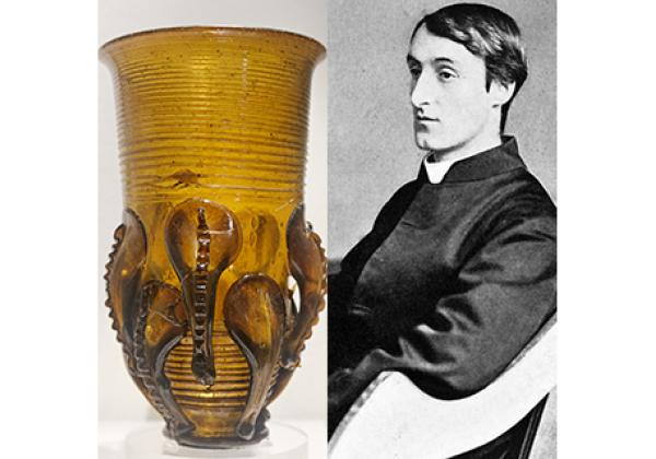(L-R) An Anglo-Saxon claw beaker; Gerard Manley Hopkins