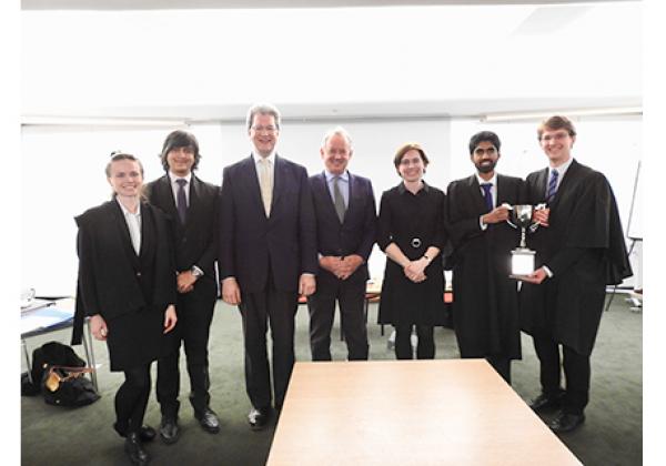 Photo: (L-R) Laura Jeffrey (Exeter 2016) & Chaitanya Kediyal (Exeter 2017); Maitland Chambers' Matthew Collings QC, Mark Cunningham QC, and Louise Hutton; and Ameer Ismail (2016) & Andrew Dixon (2016) - © Sanya Samtani