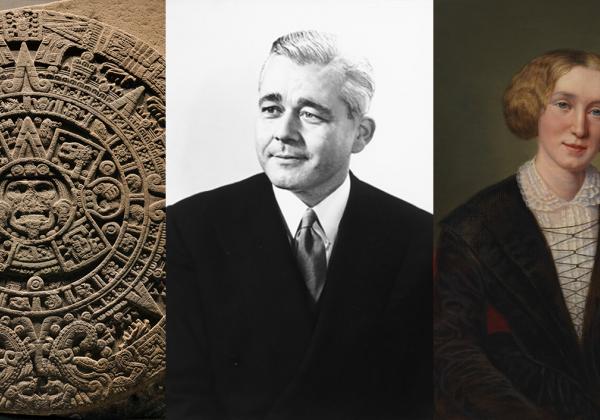 (L-R) Aztec Calendar at the Anthropology Museum in Mexico City; Jaime Vicens Vives; George Eliot, by François D'Albert Durade oil on canvas, 1850-1886, a replica based on a work of 1850 © National Portrait Gallery, London