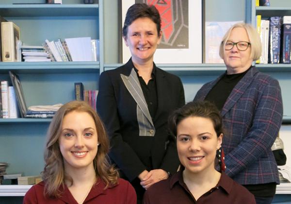 Standing, L-R: Professor Irene Tracey CBE, Warden; Dr Kate Blackmon, Sub-Warden. Seated, L-R: Francesca Lovell-Read, MCR President; Roheena Buckland, JCR President.