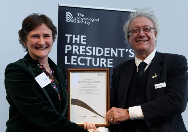 former Warden Professor Irene Tracey FMedSci CBE receiving her Honorary Fellowship from The Physiological Society