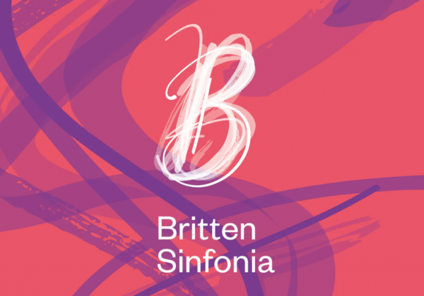 Britten Sinfonia Logo on a pink and purple abstract background