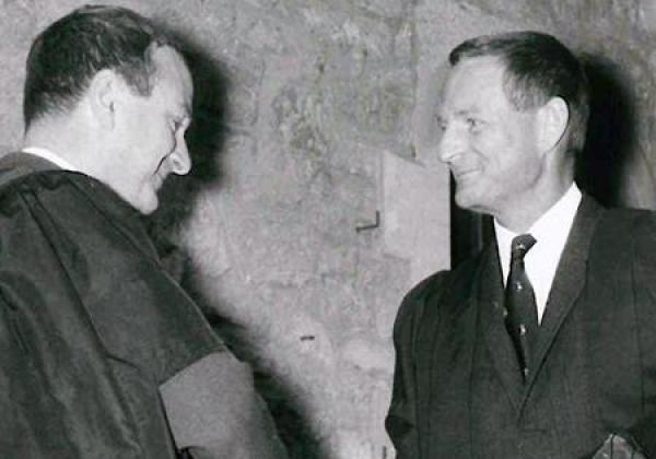 Sir Rex Richards (right) in 1969, being welcomed to the College by John Roberts (then a Fellow in History) 