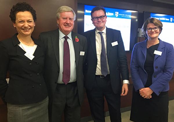 (L-R) Dame Philippa Whipple, Sir Christopher Greenwood, Gregory Campbell, and Professor Jennifer Payne