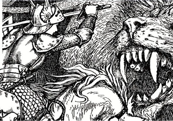 Fairytale tellers image of a knight slaying a lion