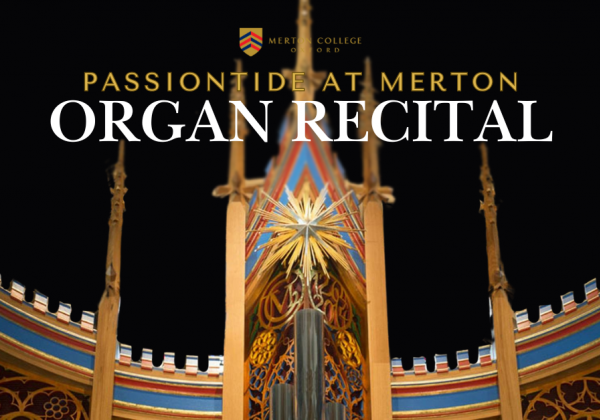 The top of the Dobson Organ, with gold blue and red accents