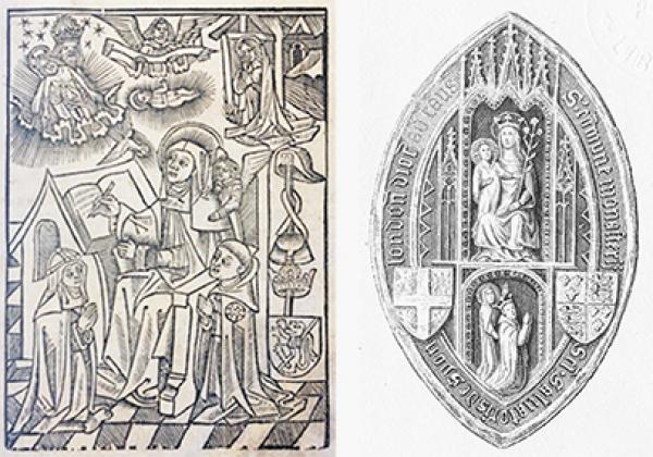 Images: (L) The frontispiece from Richard Whitford, 'The Martiloge in engllysshe…as is redde in Syon with addicyons' (STC 17532), from Bodleian Douce WW 113; (R) Engraving of original seal of the Abbess and Convent of Syon, Isleworth. Images: (L) The frontispiece from Richard Whitford, 'The Martiloge in engllysshe…as is redde in Syon with addicyons' (STC 17532), from Bodleian Douce WW 113; (R) Engraving of original seal of the Abbess and Convent of Syon, Isleworth.