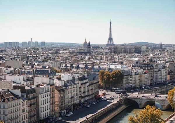 A view over paris including the Eiffel Tower and a blue sky