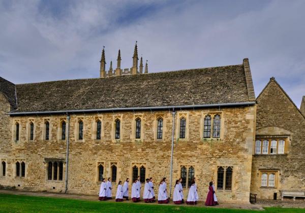 Girl Choristers outside on Chestnut Lawn, Oxford