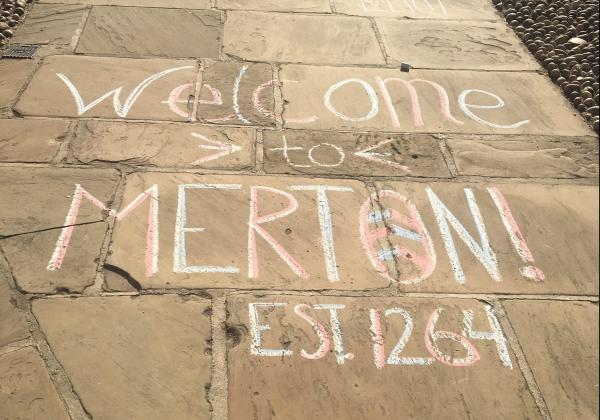 Image shows chalk drawing of Merton Crest Image shows chalk drawing of Merton Crest