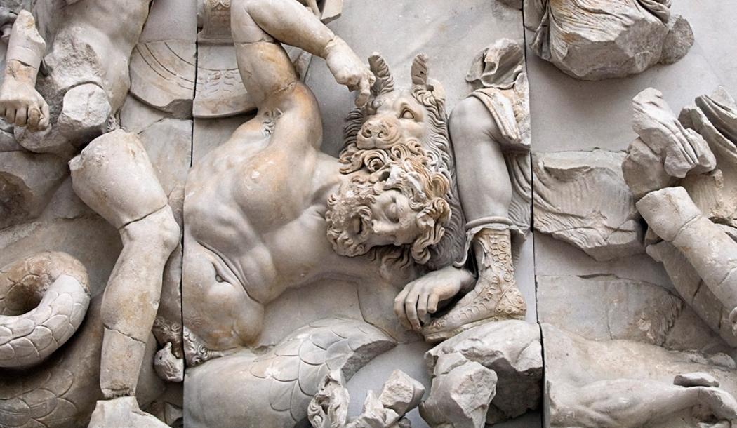 Detail of the Gigantomachy, Great Altar of Zeus, Pergamon, 2nd century BC, from an original photo by Ealdgyth, used under CC-BY-SA 3.0 license