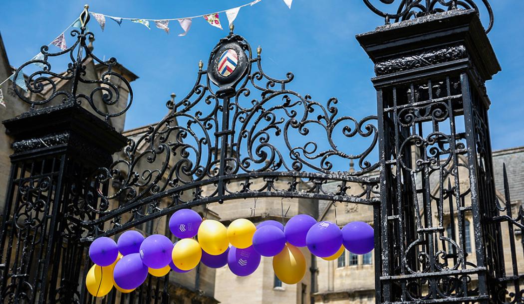 St Albans Quad gates decorated for the 2018 Merton Weekend - Photo: © Bertie Beor-Roberts (2014)