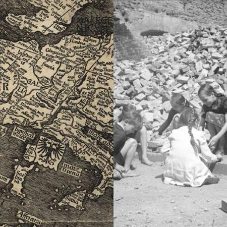 (L-R) A detail from the Waldseemuller map of 1507, showing part of central Europe; children playing in the ruins of Berlin, 1948 (L-R) A detail from the Waldseemuller map of 1507, showing part of central Europe; children playing in the ruins of Berlin, 1948