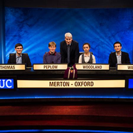 The 2017/18 Merton College University Challenge team with Jeremy Paxman