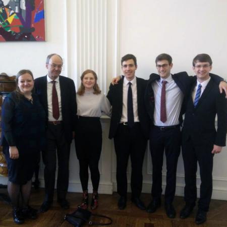 The 2018 Oxford Roman Law Moot team - (L-R) Alexandra Varga, Professor Wolfgang Ernst, Niamh Herrett, Tim Koch, Daniel Schwennicke, and Andrew Dixon