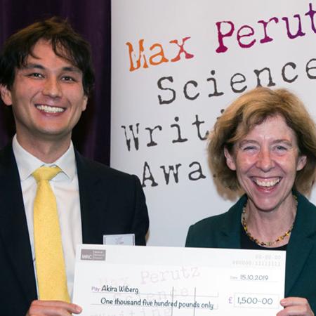 Akira Wiberg receiving the Max Perutz Science Writing Award prize (a cheque for £1,500) from Medical Research Council Executive Chair Professor Fiona Watt - Photo: © Jon Barlow for the Medical Research Council