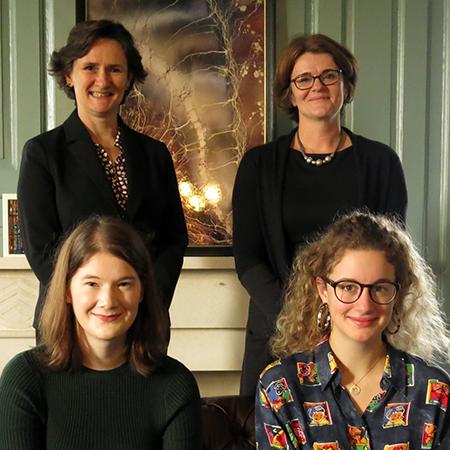 (Back row, L-R) Professor Irene Tracey, Warden; Professor Jenny Payne, Sub-Warden | (Front row, L-R)  India Morris, MCR President; and Lucy Buxton, JCR President