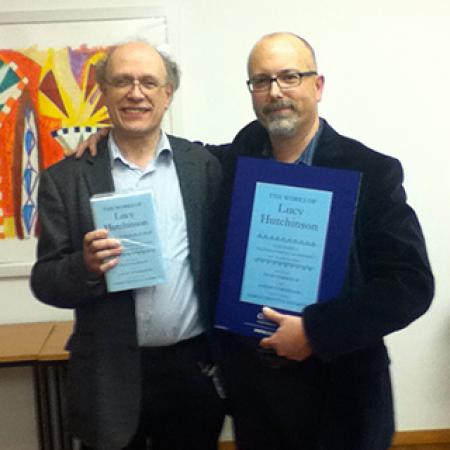 David Norbrook (L) and Reid Barbour at the launch of The Works of Lucy Hutchinson, volume 1: Translation of Lucretius - Photo: from http://lucyhutchinsonworks.wordpress.com/